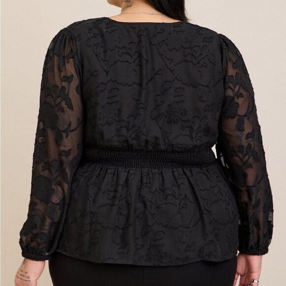 New Peplum Chiffon Clip Floral Blouson Sleeve Top - Picture 3 of 15